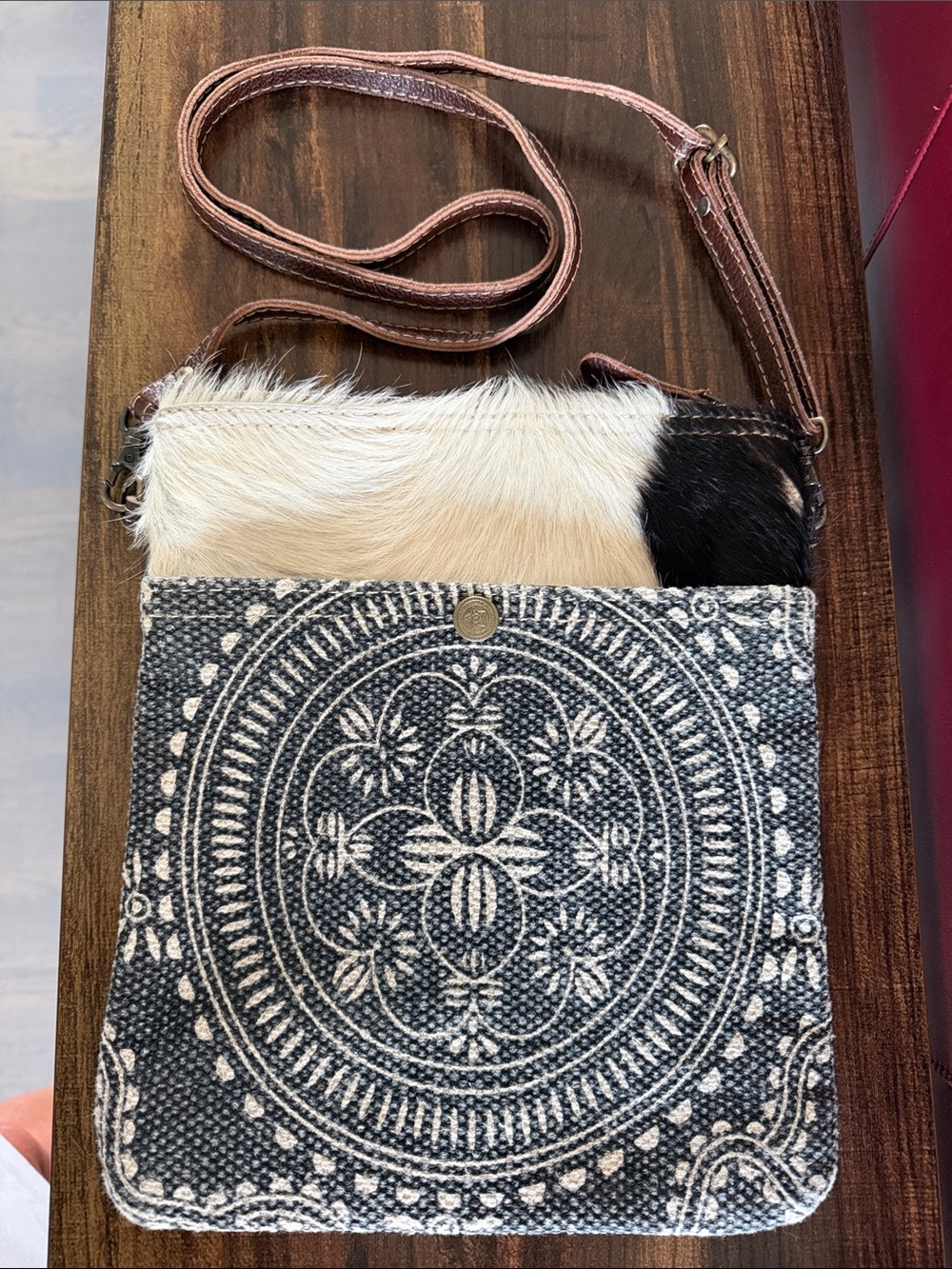 Myra Bag Black, Cream & Brown Patterned Crossbody with Haircalf Detail